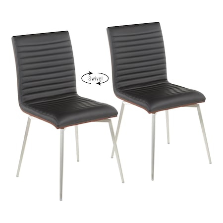 Mason Chair In Stainless Steel, Walnut Wood, Black Faux Leather, PK 2